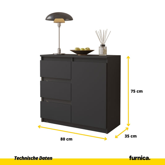 MIKEL - Kommode / Sideboard mit 3 Schubladen und 1 Tür - Anthrazit Grau H75cm B80cm T35cm