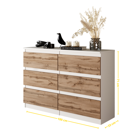 GABRIEL - Kommode / Sideboard mit 6 Schubladen - Weiß Matt / Wotan Eiche H71cm B100cm T33cm