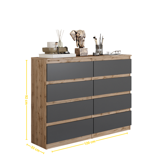 GABRIEL - Kommode / Sideboard mit 8 Schubladen - Wotan Eiche / Anthrazit H92cm B120cm T33cm