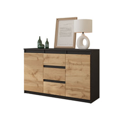 MIKEL - Kommode / Sideboard mit 3 Schubladen und 2 Türen - Anthrazit Grau / Wotan Eiche H75cm B120cm T35cm