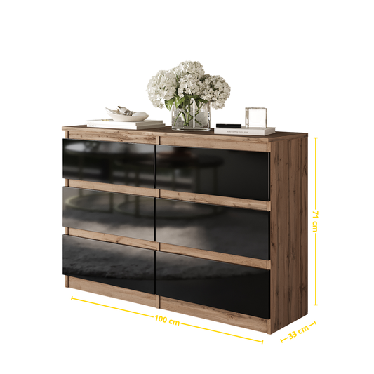 GABRIEL - Kommode / Sideboard mit 6 Schubladen - Wotan Eiche / Schwarz Gloss H71cm B100cm TD33cm