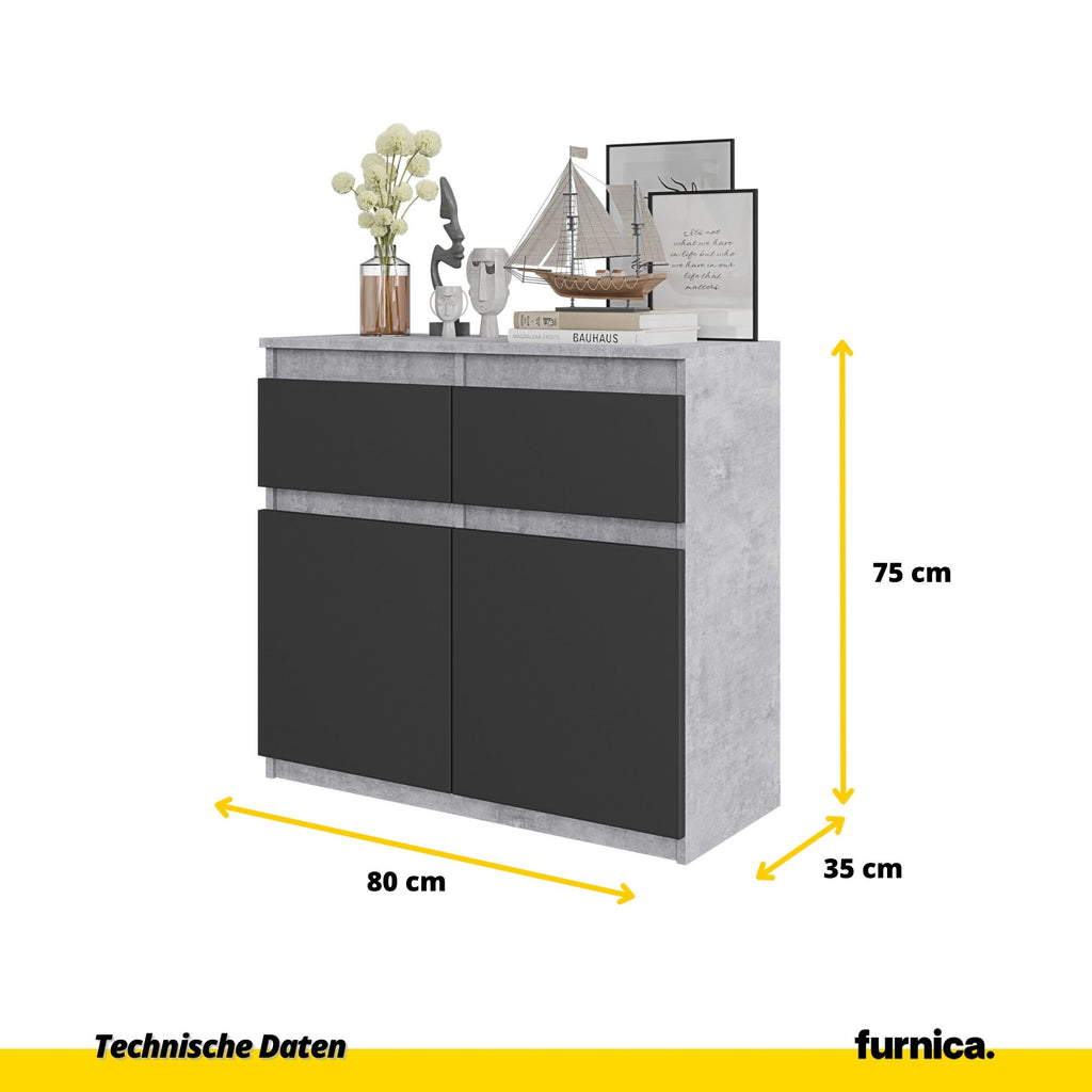 NOAH - Kommode / Sideboard mit 2 Schubladen und 2 Türen - Beton-Optik / Anthrazit Grau H75cm B80cm T35cm