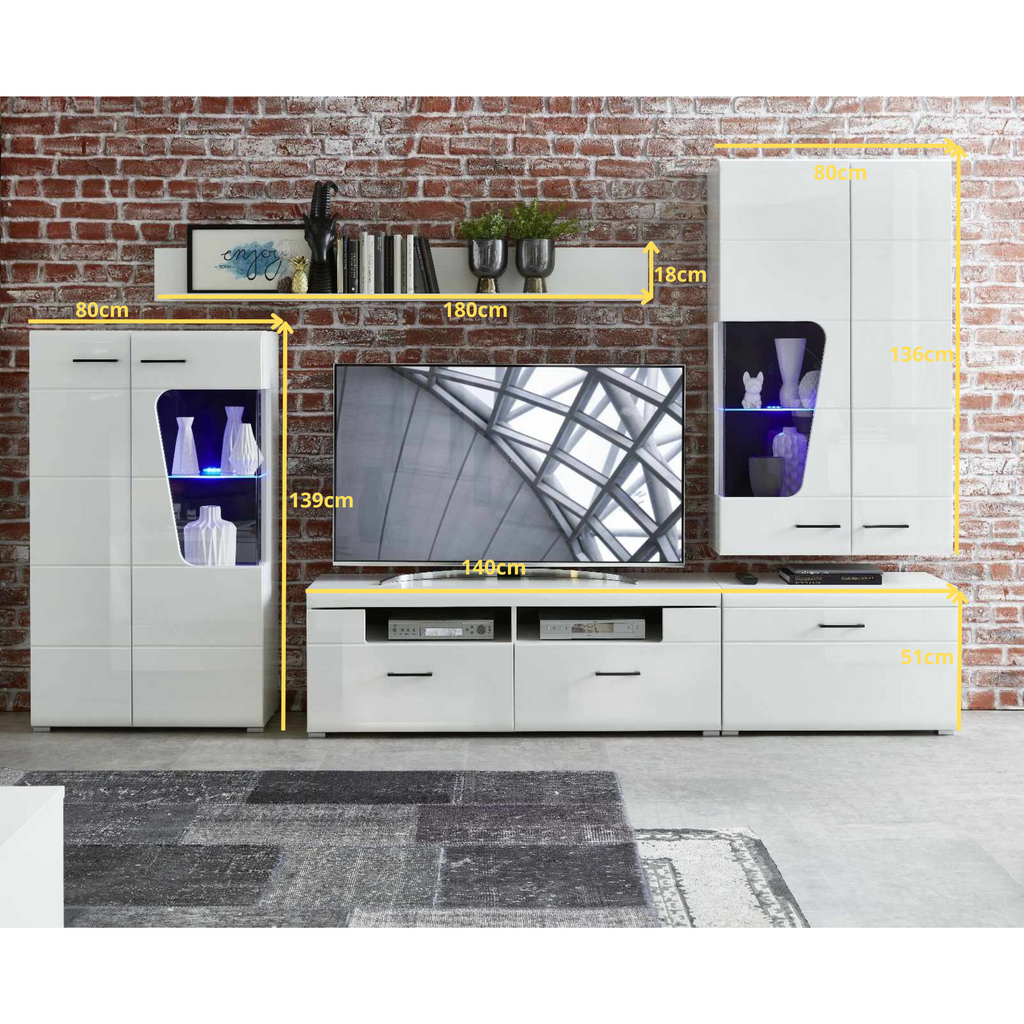 Wohnwand FUNNY PLUS - Wohnzimmer-Möbel-Set - Weiß Matt / Weiß Gloss