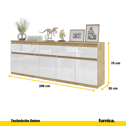 NOAH - Kommode mit 5 Schubladen und 5 Türen - Schlafzimmer Kommode Aufbewahrung Schrank Sideboard - Wotan Eiche / Weiß Glanz H75cm B200cm T35cm