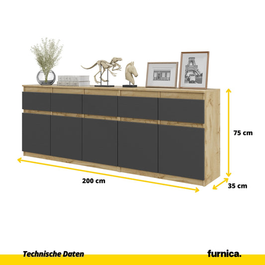NOAH - Kommode mit 5 Schubladen und 5 Türen - Schlafzimmer Kommode Aufbewahrung Schrank Sideboard - Wotan Eiche / Anthrazit H75cm B200cm T35cm