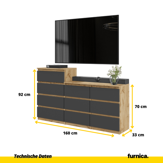 GABRIEL - Kommode / Sideboard mit 10 Schubladen (6+4) - Wotan Eiche / Anthrazit H92/70cm B160cm T33cm