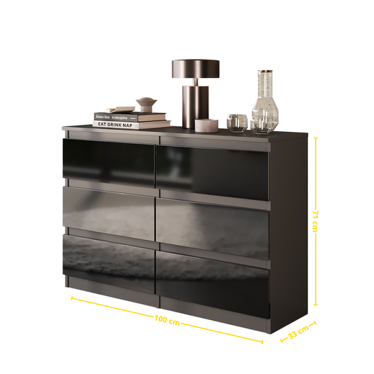 GABRIEL - Kommode / Sideboard mit 6 Schubladen - Anthrazit / Schwarz Gloss H71cm B100cm TD33cm