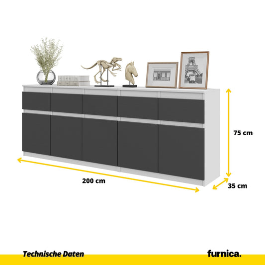NOAH - Kommode mit 5 Schubladen und 5 Türen - Schlafzimmer Kommode Aufbewahrung Schrank Sideboard - Weiß Matt / Anthrazit H75cm B200cm T35cm