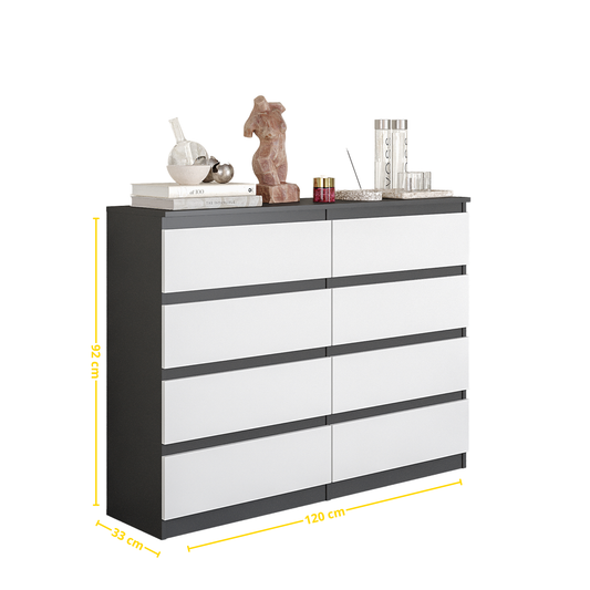 GABRIEL - Kommode / Sideboard mit 8 Schubladen - Anthrazit / Weiß Matt H92cm B120cm T33cm