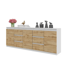 MIKEL - Kommode mit 6 Schubladen und 3 Türen - Schlafzimmer Kommode Aufbewahrungsschrank Sideboard - Weiß Matt / Wotan Eiche H75cm B200cm T35cm