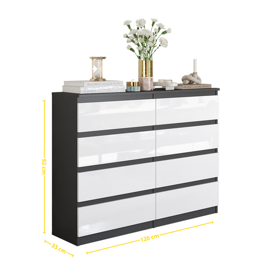 GABRIEL - Kommode / Sideboard mit 8 Schubladen - Anthrazit / Weiß Gloss H92cm B120cm T33cm