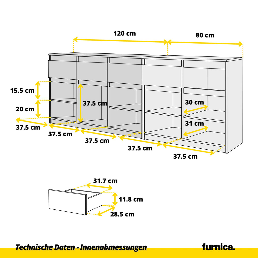 NOAH - Kommode mit 5 Schubladen und 5 Türen - Schlafzimmer Kommode Aufbewahrung Schrank Sideboard - Weiß Matt / Beton-Optik H75cm B200cm T35cm