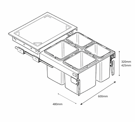 Mülleimer Mülltrennung Soft-Close (2 x 15L + 2 x 7L) oder (2 x 20L + 2 x 9L)- 60cm Küchenschrank