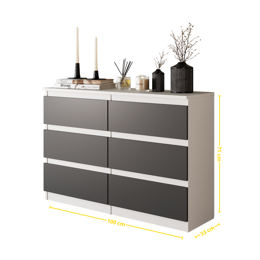 GABRIEL - Kommode / Sideboard mit 6 Schubladen - Weiß Matt / Anthrazit H71cm B100cm TD33cm