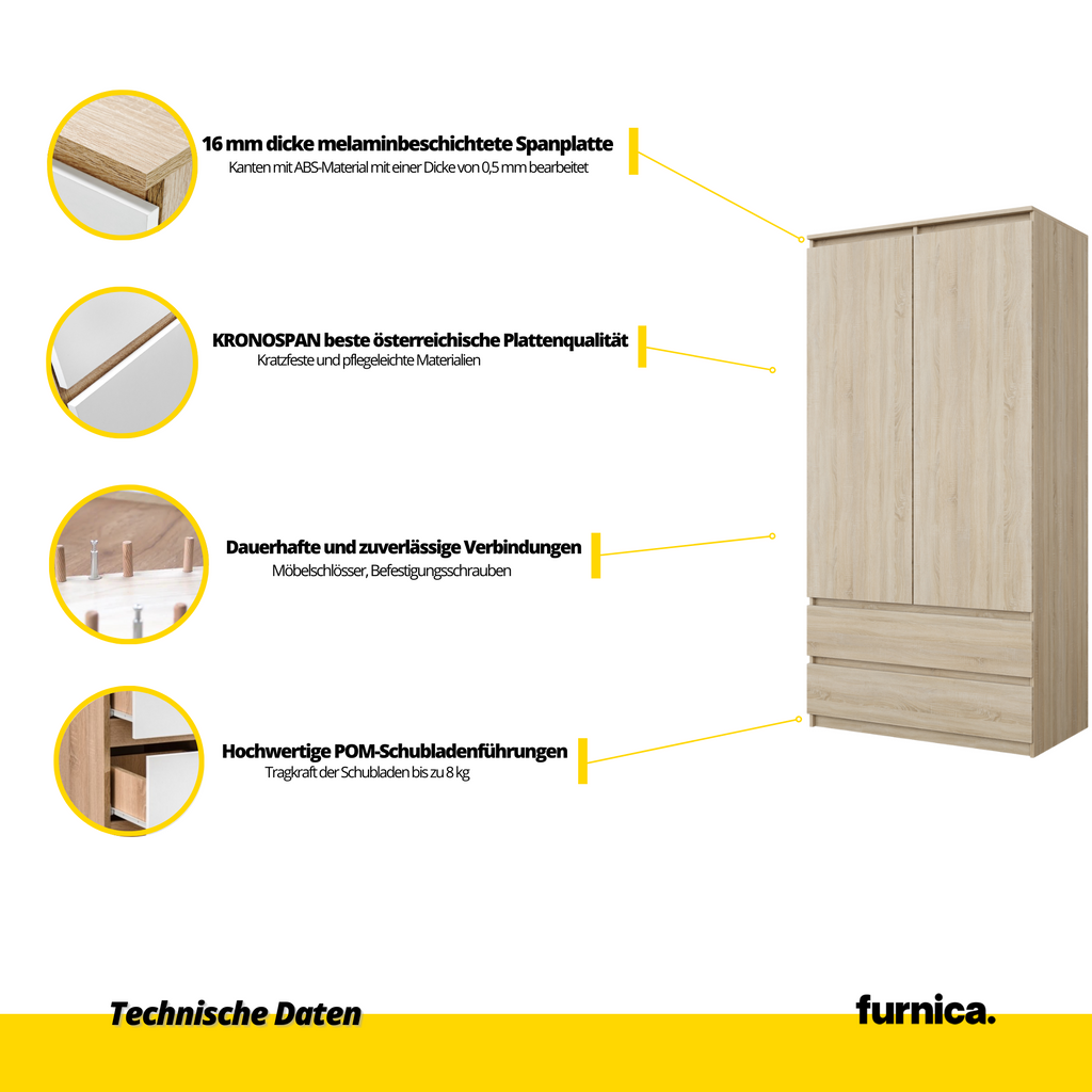 JOELLE - Kleiderschrank mit 2 Türen und 2 Schubladen -  Sonoma Eiche H180cm B90cm T50cm
