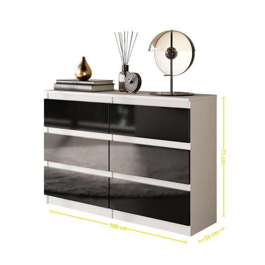 GABRIEL - Kommode / Sideboard mit 6 Schubladen - Weiß Matt / Schwarz Gloss H71cm B100cm T33cm