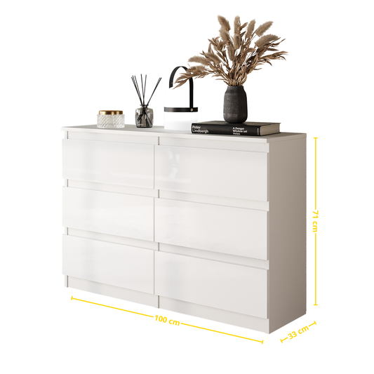 GABRIEL - Kommode / Sideboard mit 6 Schubladen - Weiß Matt H71cm B100cm T33cm