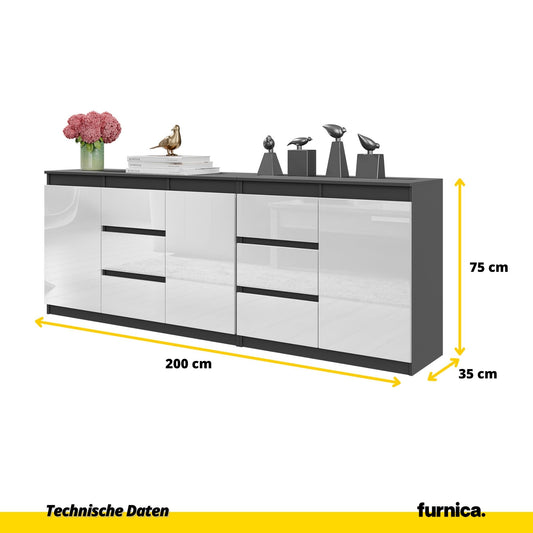MIKEL - Kommode mit 6 Schubladen und 3 Türen - Schlafzimmer Kommode Aufbewahrungsschrank Sideboard - Anthrazit / Weiß Glanz H75cm B200cm T35cm