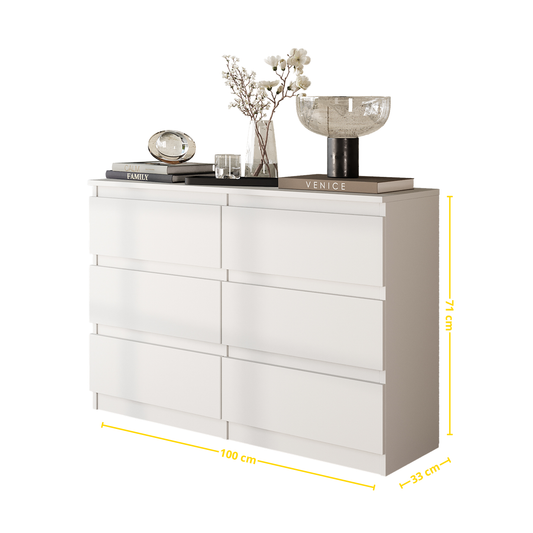GABRIEL - Kommode / Sideboard mit 6 Schubladen - Weiß Matt / Weiß Gloss H71cm B100cm T33cm