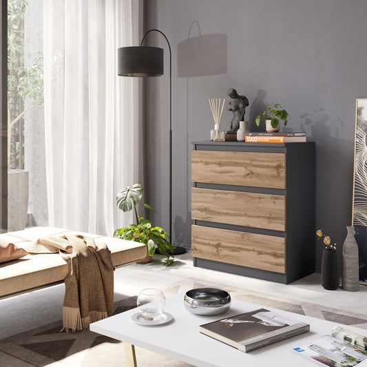 GABRIEL - Kommode / Sideboard mit 3 Schubladen - Anthrazit Grau / Wotan Eiche H72cm B60cm T33cm