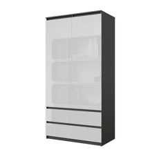 JOELLE - Kleiderschrank mit 2 Türen und 2 Schubladen -  Anthrazit / Weißglanz H180cm B90cm T50cm