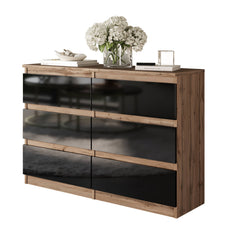 GABRIEL - Kommode / Sideboard mit 6 Schubladen - Wotan Eiche / Schwarz Gloss H71cm B100cm TD33cm
