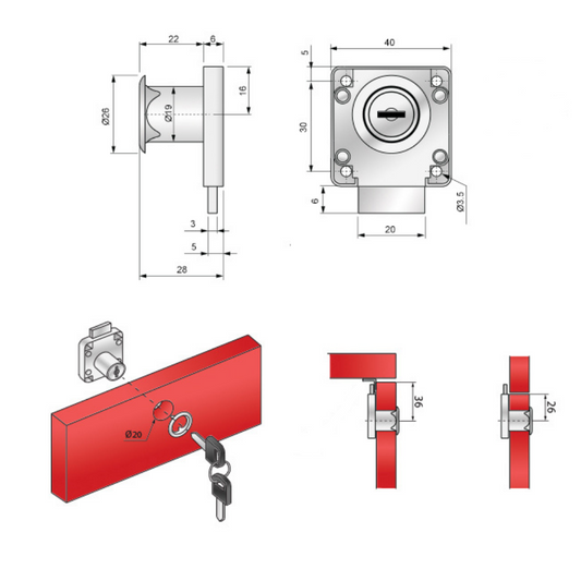 Quadratische Möbelschloss mit Schlüssel, Identische Schlüsselversion, Chrom