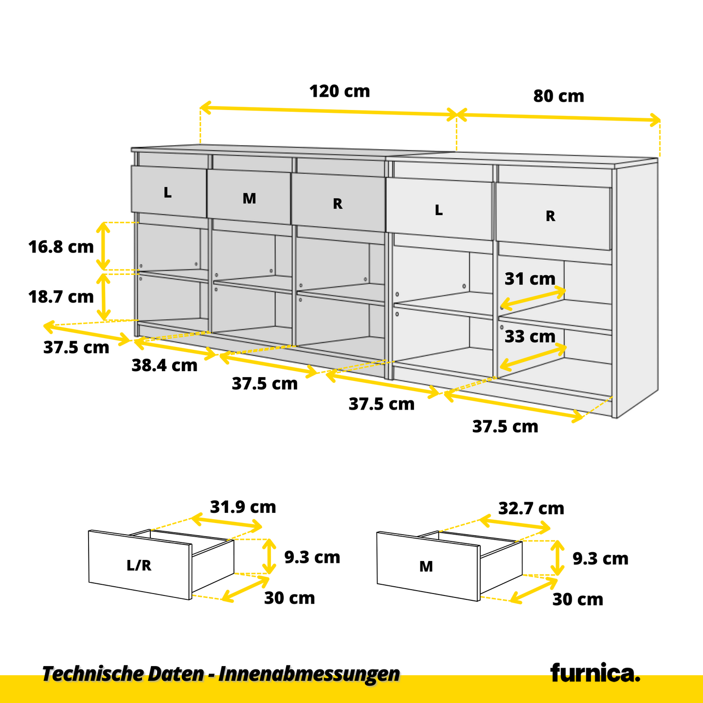 NOAH - Kommode mit 5 Schubladen und 5 Türen - Schlafzimmer Kommode Aufbewahrungsschrank Sideboard - Anthrazit / Wotan Eiche H75cm B200cm T35cm