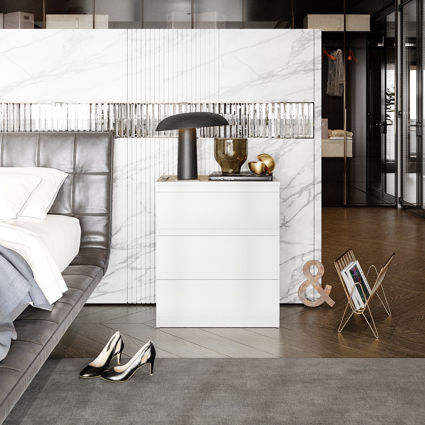 GABRIEL - Nachttisch / Nachtschrank mit 3 Schubladen - Weiß Matt - H72cm B60cm T33cm