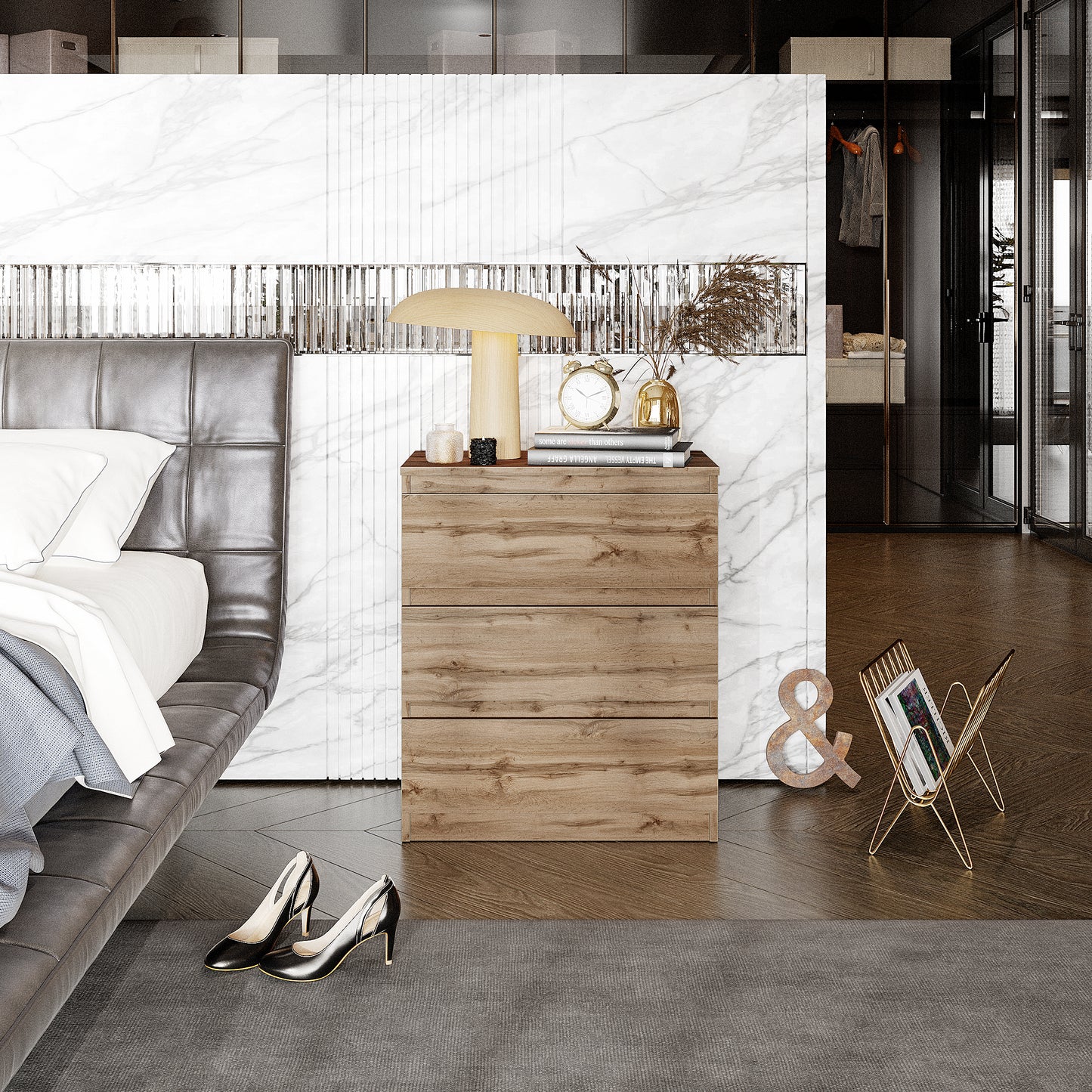 GABRIEL - Nachttisch / Nachtschrank mit 3 Schubladen - Wotan Eiche - H72cm B60cm T33cm