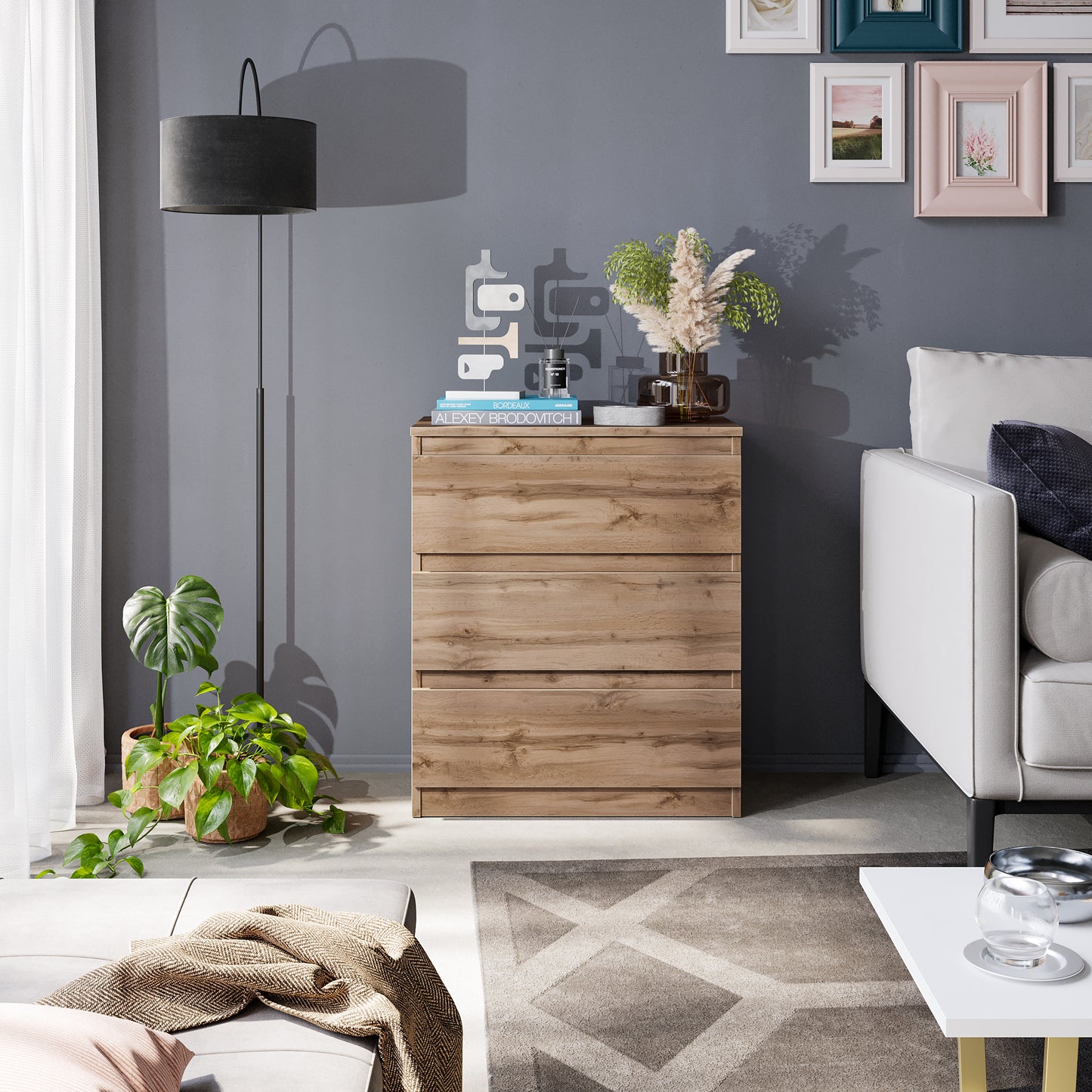 GABRIEL - Kommode / Sideboard mit 3 Schubladen - Wotan Eiche H72cm B60cm T33cm