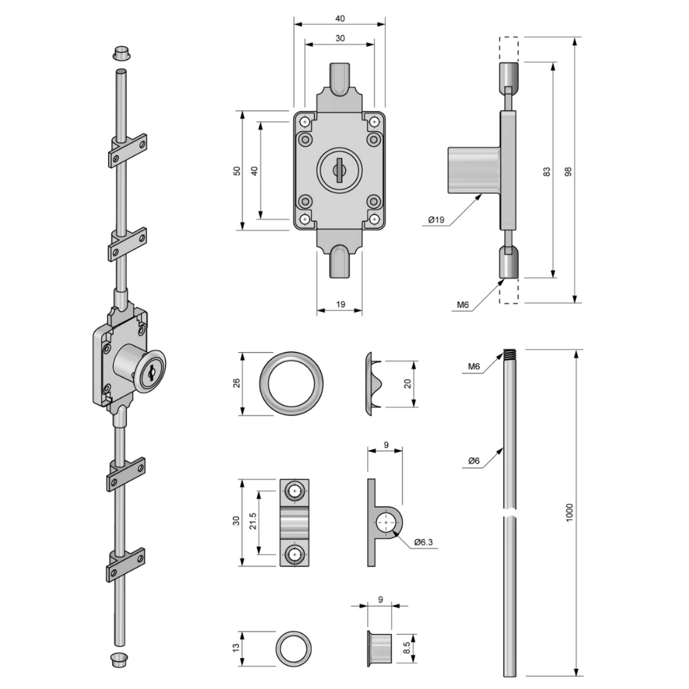 Ausziehbares Stangenschloss 19x22mm, 2 Stäbe L-1000mm, Chrom