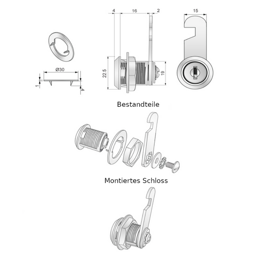Möbelschloss mit Schlüssel 19x16mm, Chrom