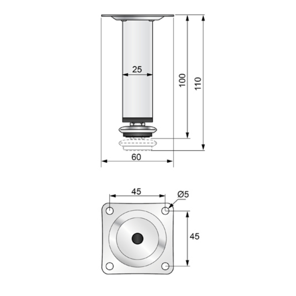 Möbelfüße Quadratisch 25x25mm - 100mm Chrom