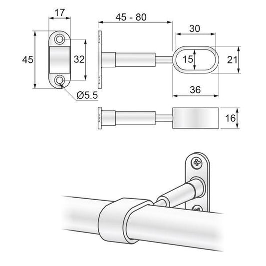 Oval Bar Abstand Halterung 15x30mm, Chrom