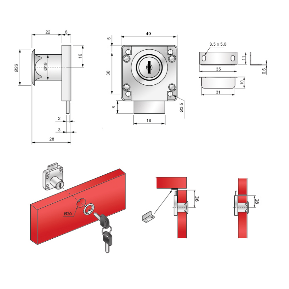 Quadratische Möbelschloss mit Schlüssel 19x22mm, Nickel