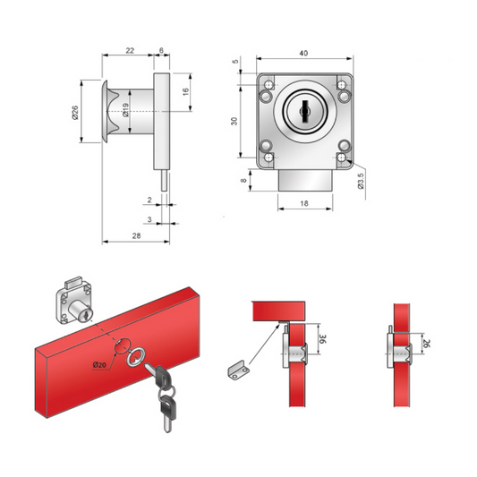 Quadratische Möbelschloss mit Schlüssel 19x22mm, Nickel