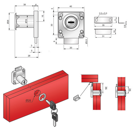 Quadratisches Möbelschloss mit Schlüssel 19x38mm, Chrom