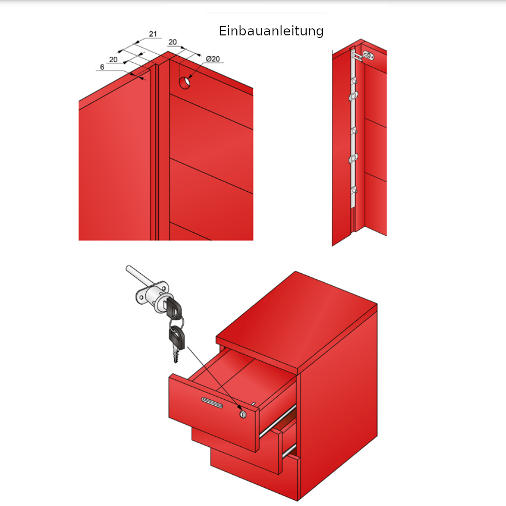 Schubstangenschloss für 4 Schubladen 19x20mm, 800mm Leiste, Chrom