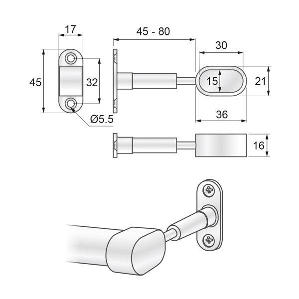 Oval Bar Endhalterung 15x30mm, Chrom