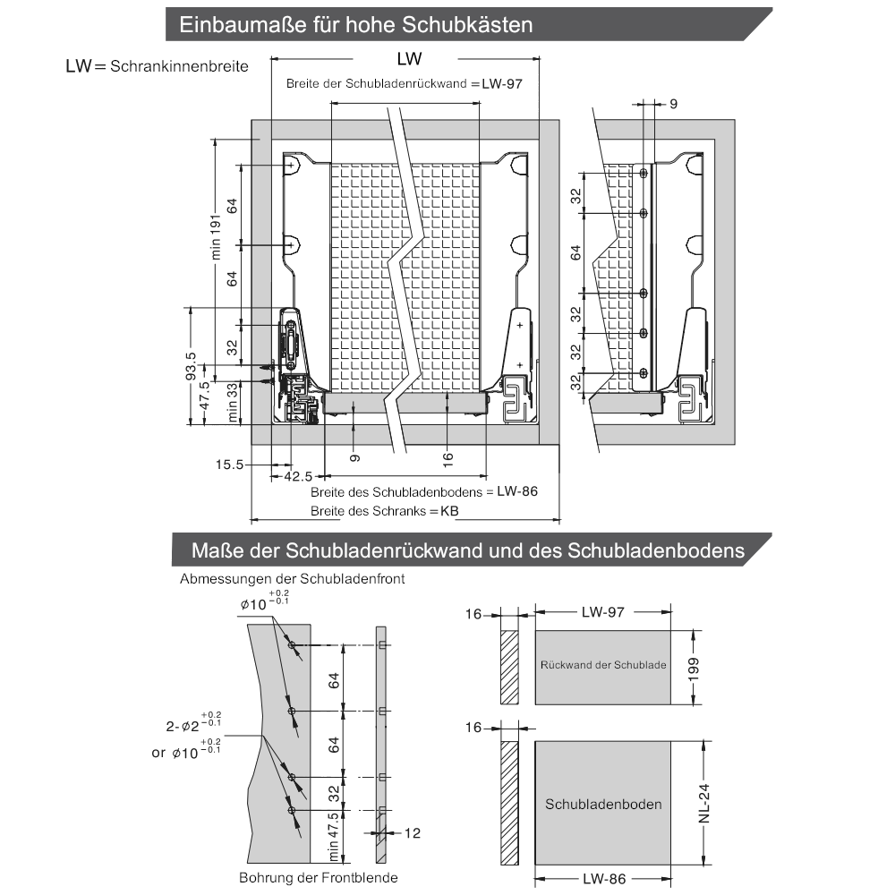 Soft-Close Schubladensystem, HOCH, H: 185mm, Weiß 270mm