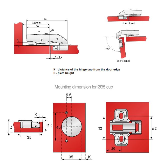 Soft-Close Topfband, H2 Montageplatte mit EURO Schrauben für Paralleltüren Gedämpft Furnica