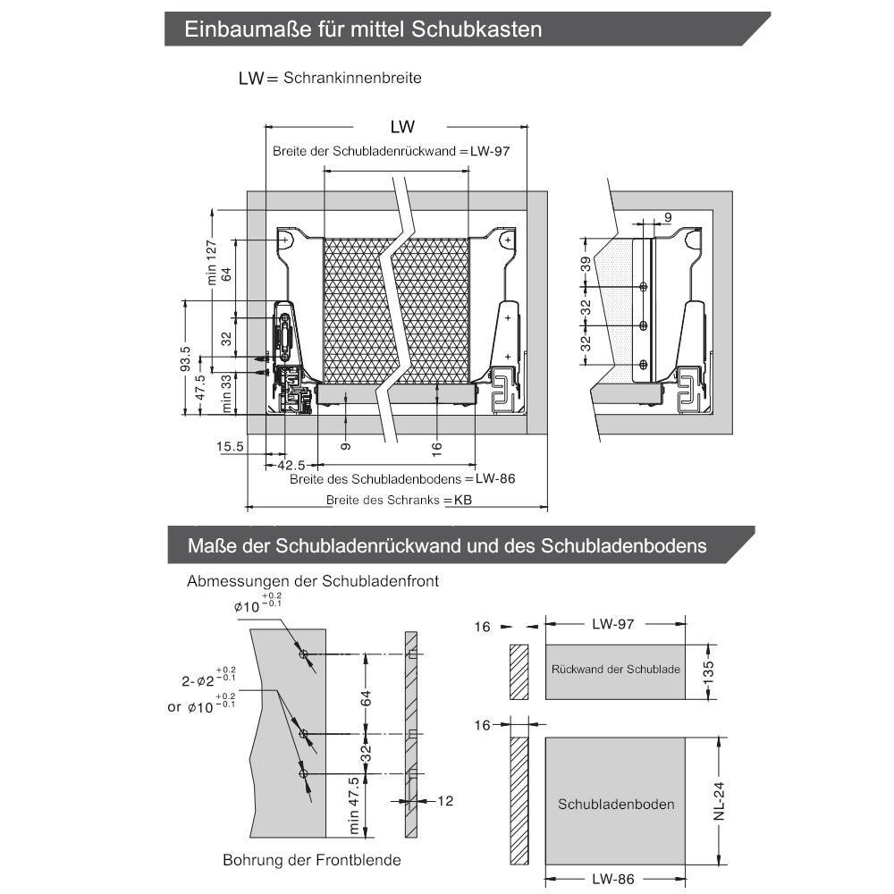 Soft-Close Schubladensystem, MITTEL, H: 142mm, Grau 270mm