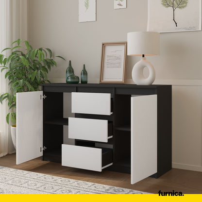 MIKEL - Kommode / Sideboard mit 3 Schubladen und 2 Türen - Anthrazit Grau / Weiß Matt H75cm B120cm T35cm