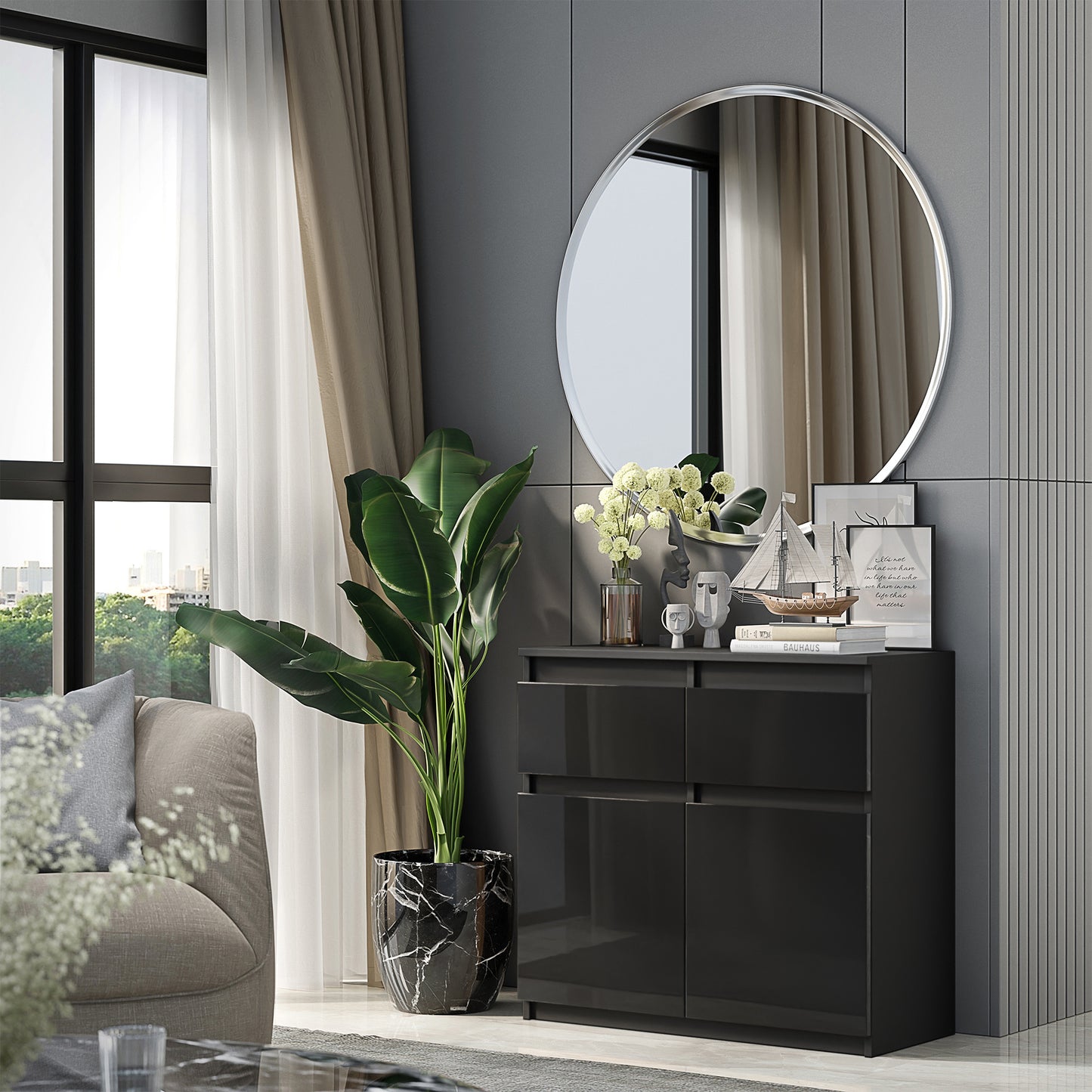 NOAH - Kommode / Sideboard mit 2 Schubladen und 2 Türen - Anthrazit Grau / Schwarz Gloss H75cm B80cm T35cm