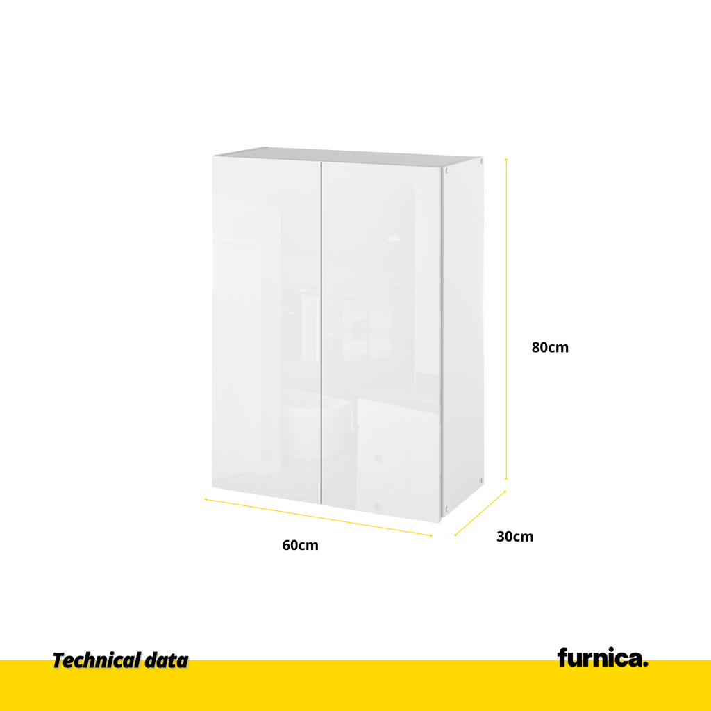 EMILY Badezimmerschrank mit Türen und Einlegeböden - Weiß Matt / Weißglanz H80cm B60cm T30cm