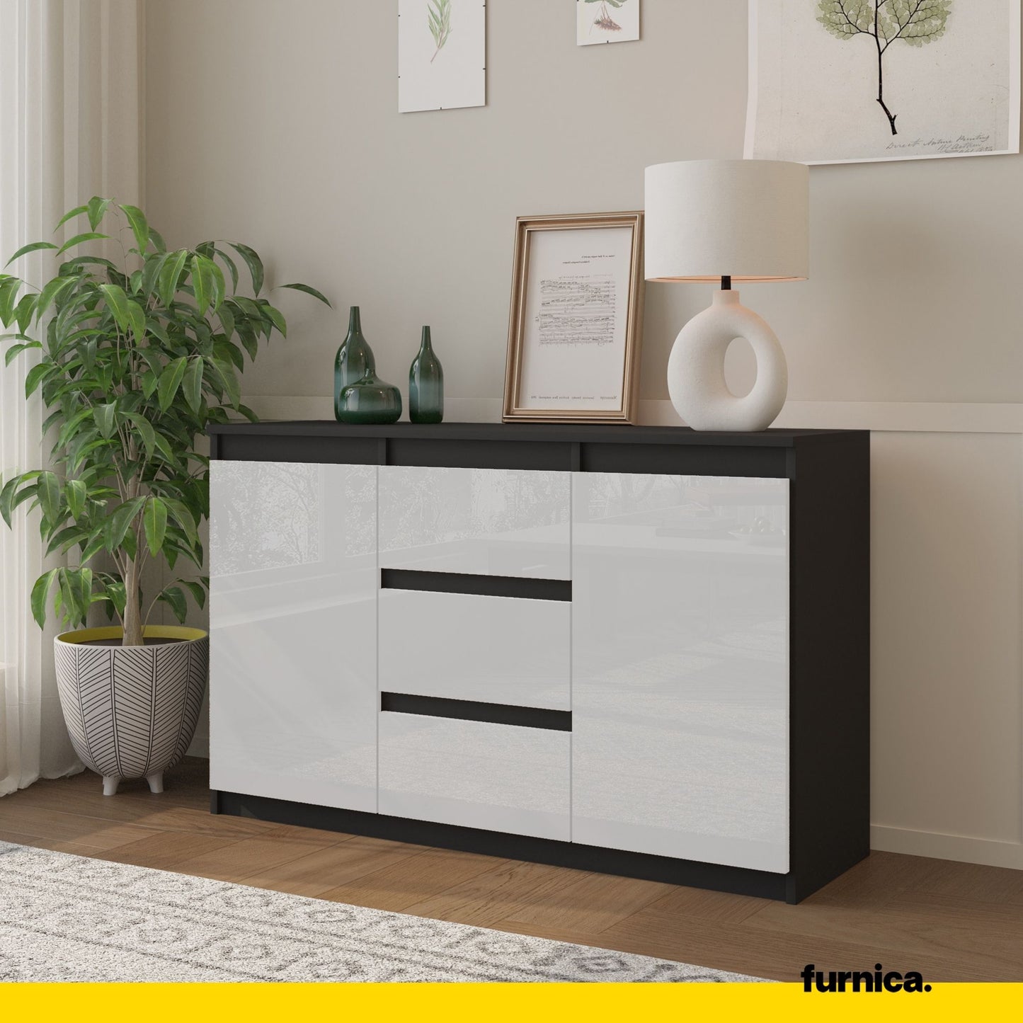 MIKEL - Kommode / Sideboard mit 3 Schubladen und 2 Türen - Anthrazit Grau / Weiß Gloss H75cm B120cm T35cm