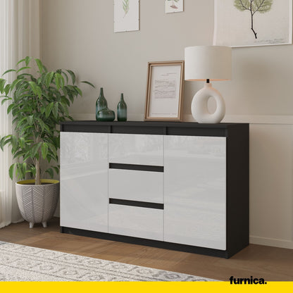 MIKEL - Kommode / Sideboard mit 3 Schubladen und 2 Türen - Anthrazit Grau / Weiß Gloss H75cm B120cm T35cm