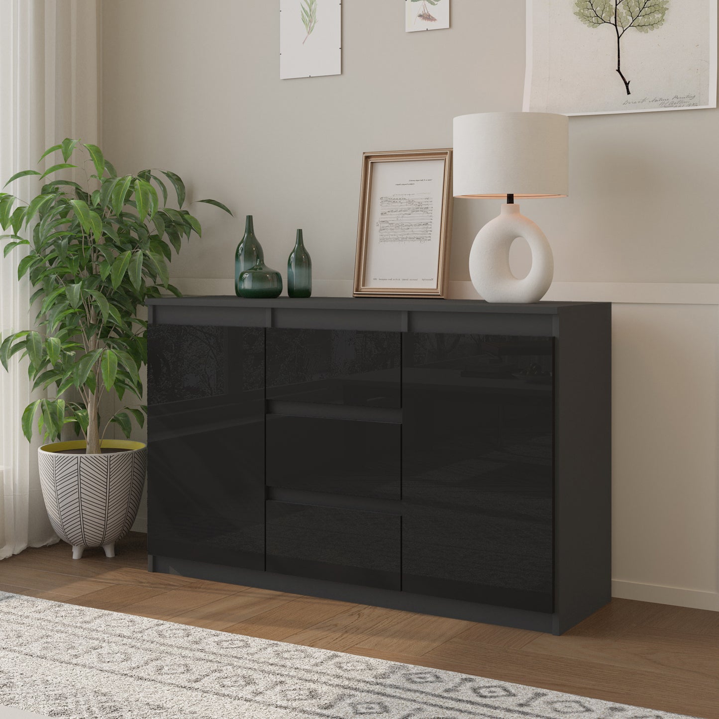 MIKEL - Kommode / Sideboard mit 3 Schubladen und 2 Türen - Anthrazit Grau / Schwarz Gloss H75cm B120cm T35cm