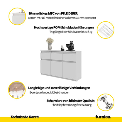 NOAH - Kommode / Sideboard mit 3 Schubladen und 3 Türen - Weiß Matt / Anthrazit Grau H75cm B120cm T35cm